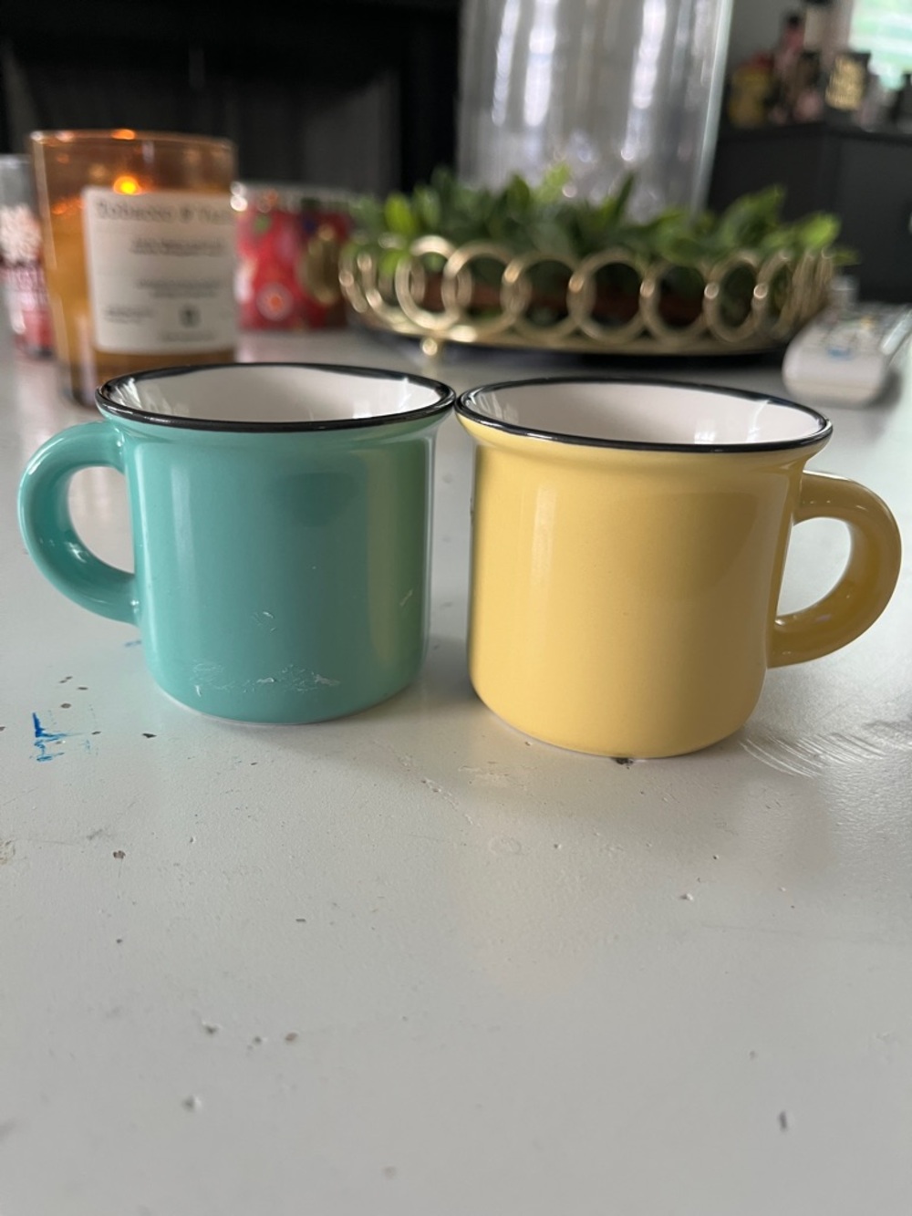 Two-Piece Yellow and Teal Enamel Mini Mugs